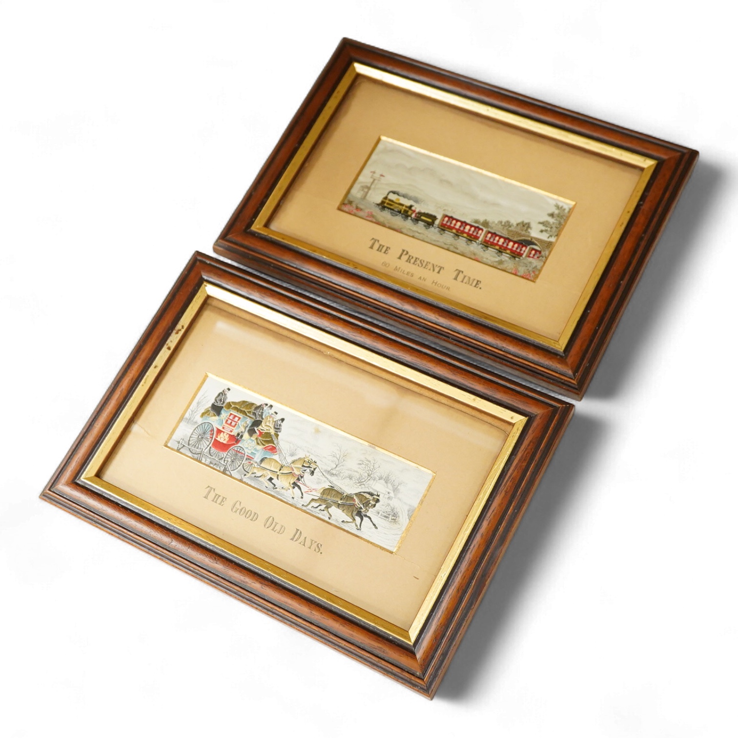Two Victorian Stevengraphs comprising The Good Old Days and The Present Time, framed, 26cm wide